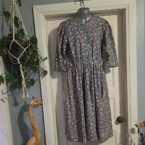 Floral Midi Dress in Dusty Teal with Pink Roses